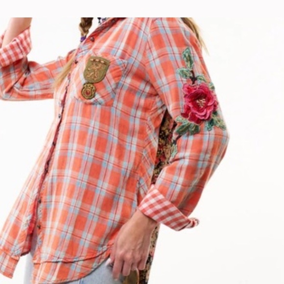 Aratta Vibrant Plaid Shirt with Floral embroidered Accents - Picture 3 of 7